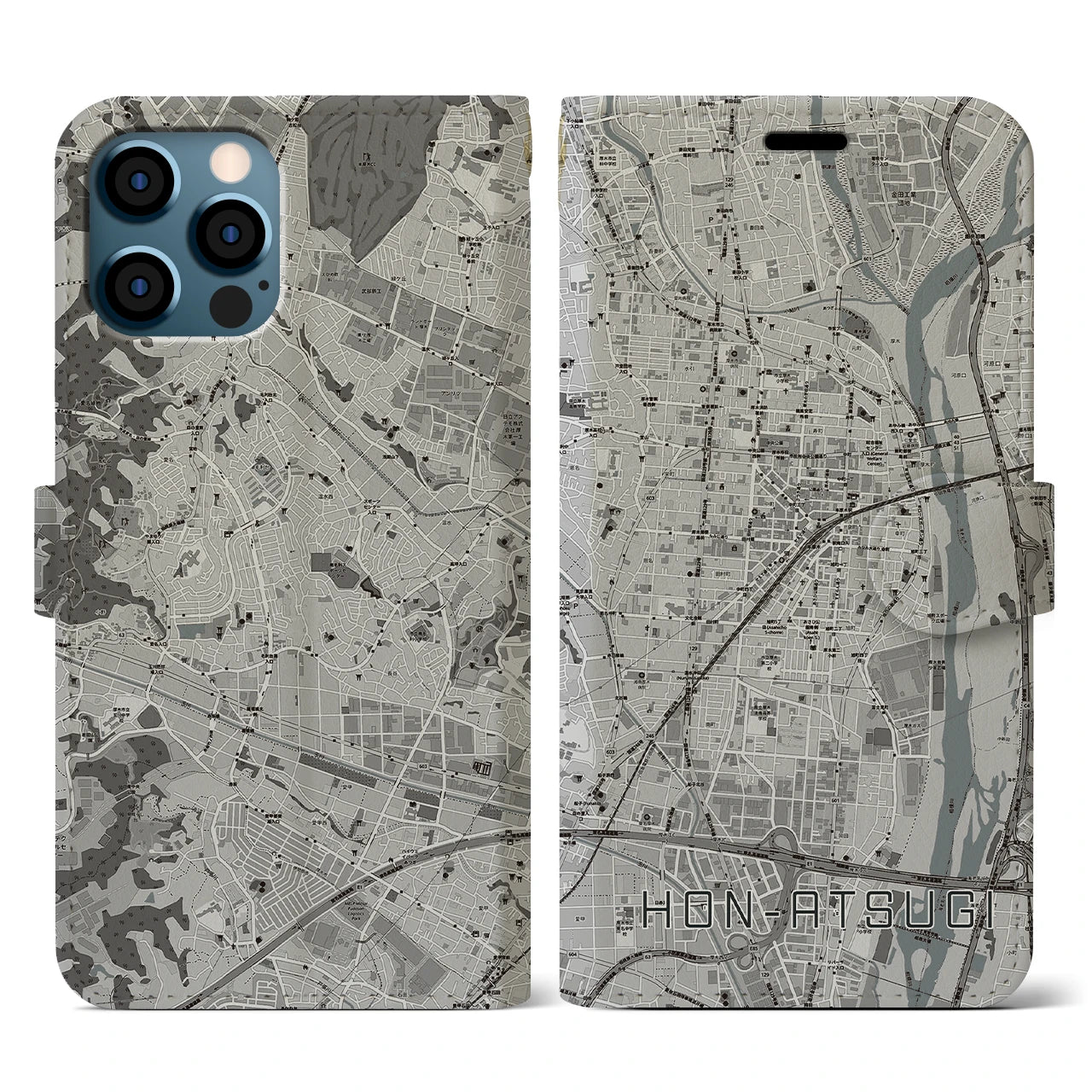 【本厚木(神奈川県)】地図柄iPhoneケース(手帳タイプ)モノトーン・iPhone 12 / 12 Pro 用