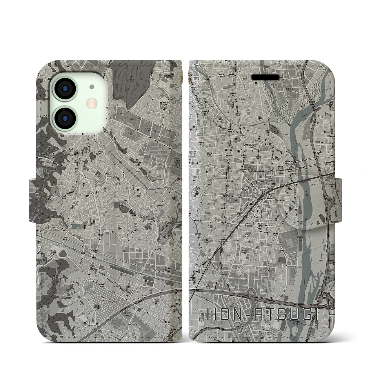 【本厚木(神奈川県)】地図柄iPhoneケース(手帳タイプ)モノトーン・iPhone 12 mini 用