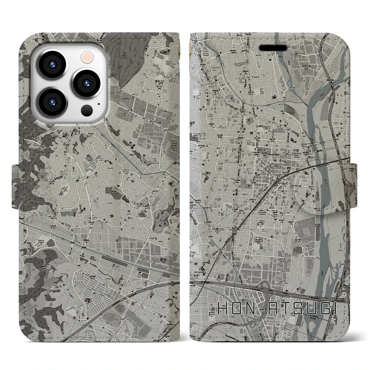 【本厚木(神奈川県)】地図柄iPhoneケース(手帳タイプ)モノトーン・iPhone 13 Pro 用