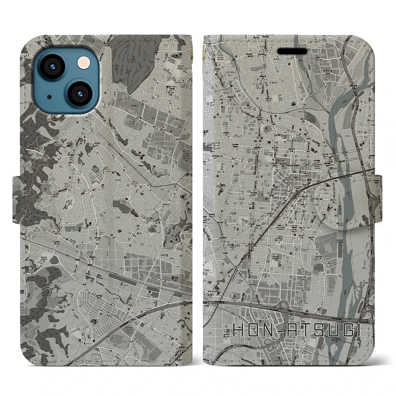 【本厚木(神奈川県)】地図柄iPhoneケース(手帳タイプ)モノトーン・iPhone 13 用