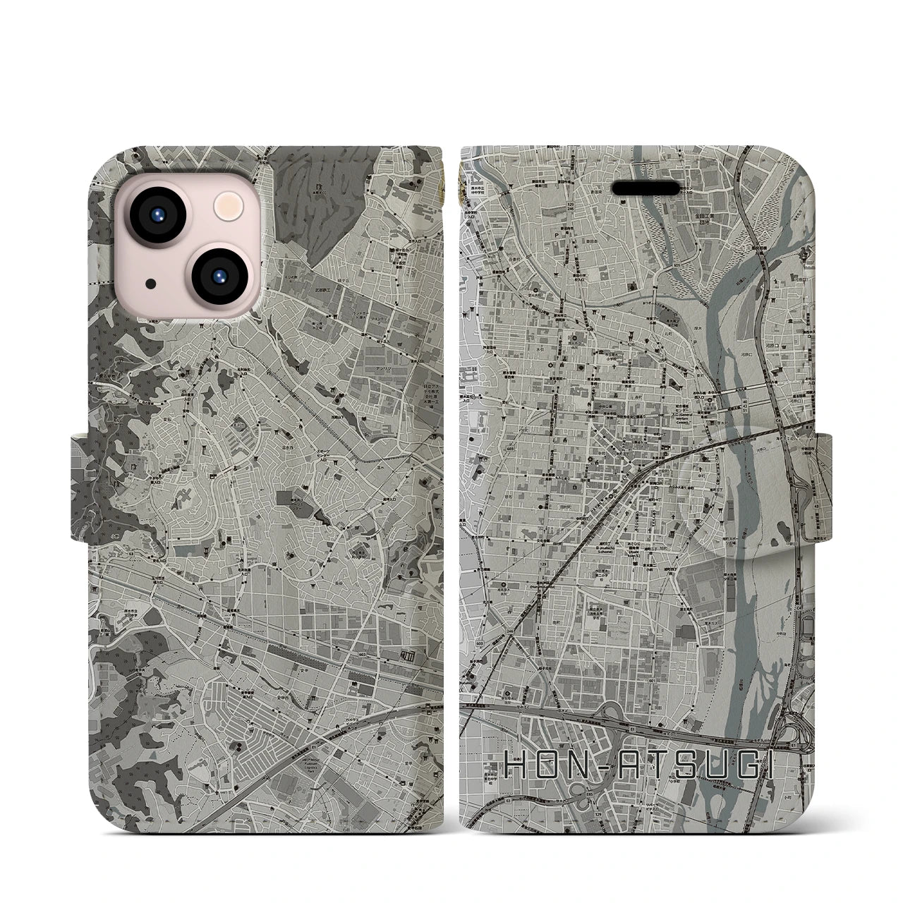 【本厚木(神奈川県)】地図柄iPhoneケース(手帳タイプ)モノトーン・iPhone 13 mini 用