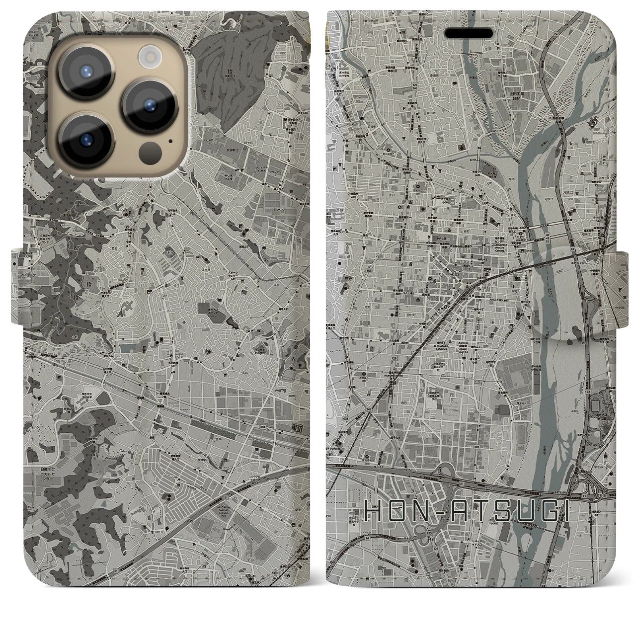 【本厚木(神奈川県)】地図柄iPhoneケース(手帳タイプ)モノトーン・iPhone 14 Pro Max 用