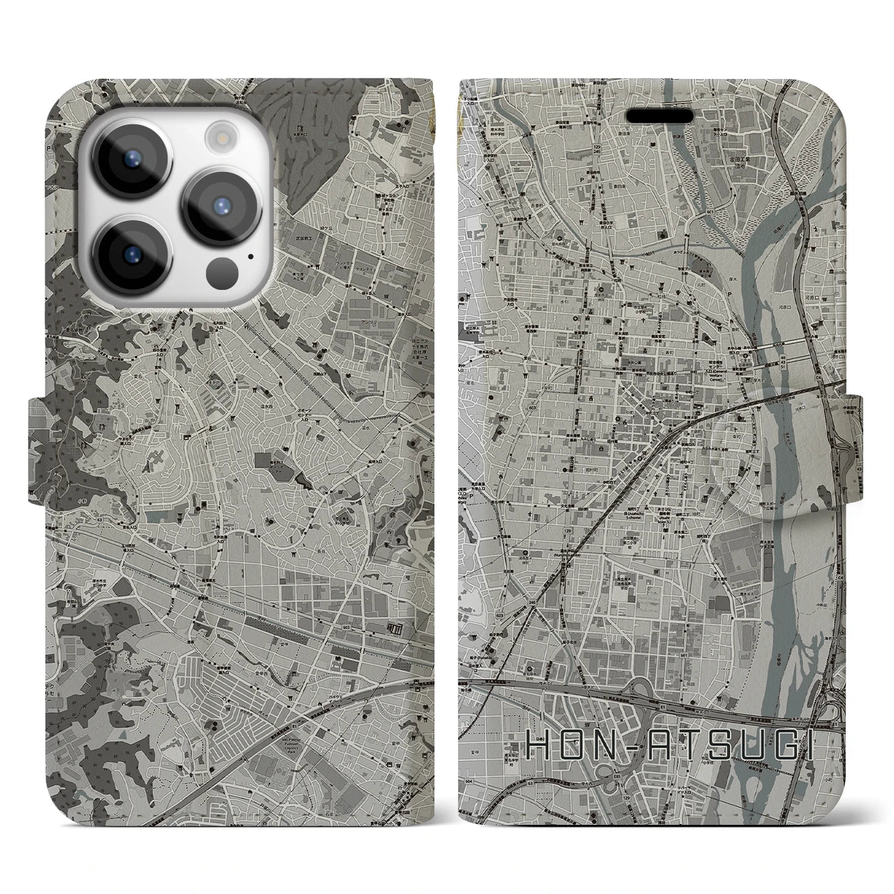 【本厚木(神奈川県)】地図柄iPhoneケース(手帳タイプ)モノトーン・iPhone 14 Pro 用
