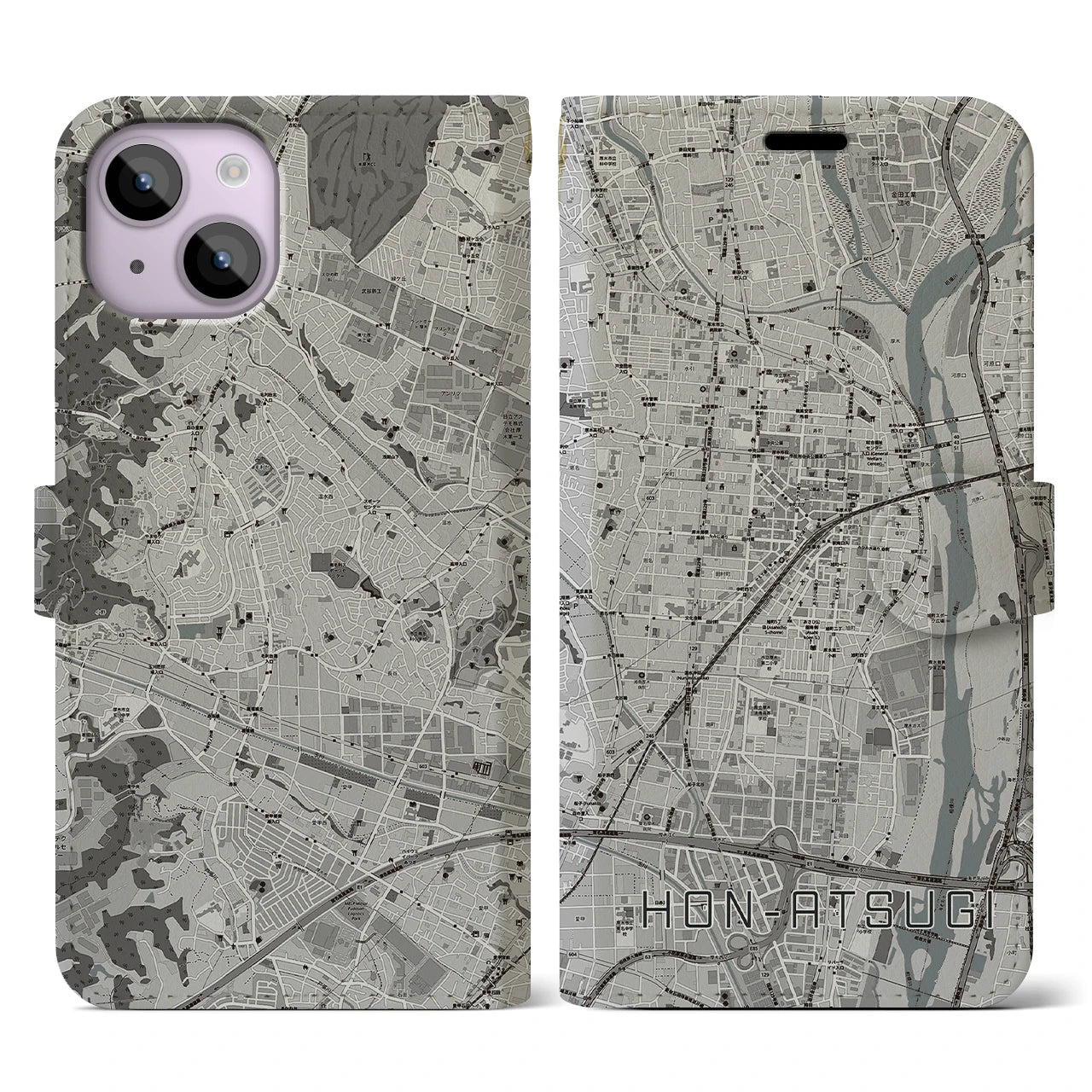 【本厚木(神奈川県)】地図柄iPhoneケース(手帳タイプ)モノトーン・iPhone 14 用