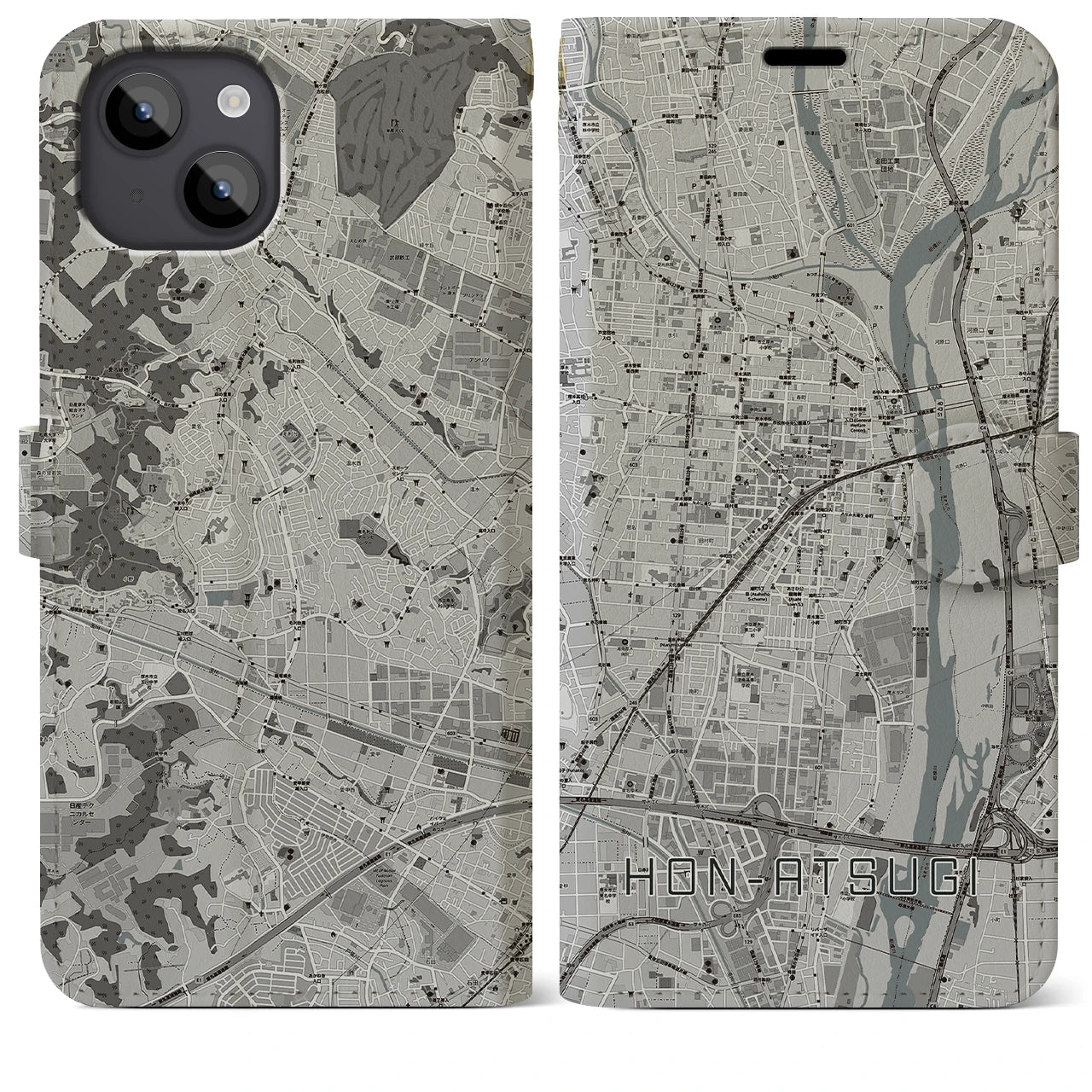 【本厚木(神奈川県)】地図柄iPhoneケース(手帳タイプ)モノトーン・iPhone 14 Plus 用