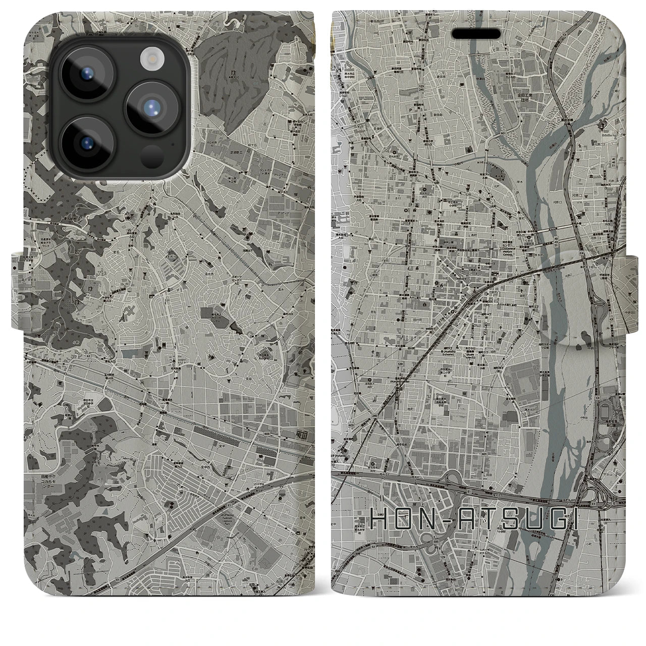 【本厚木(神奈川県)】地図柄iPhoneケース(手帳タイプ)モノトーン・iPhone 15 Pro Max 用