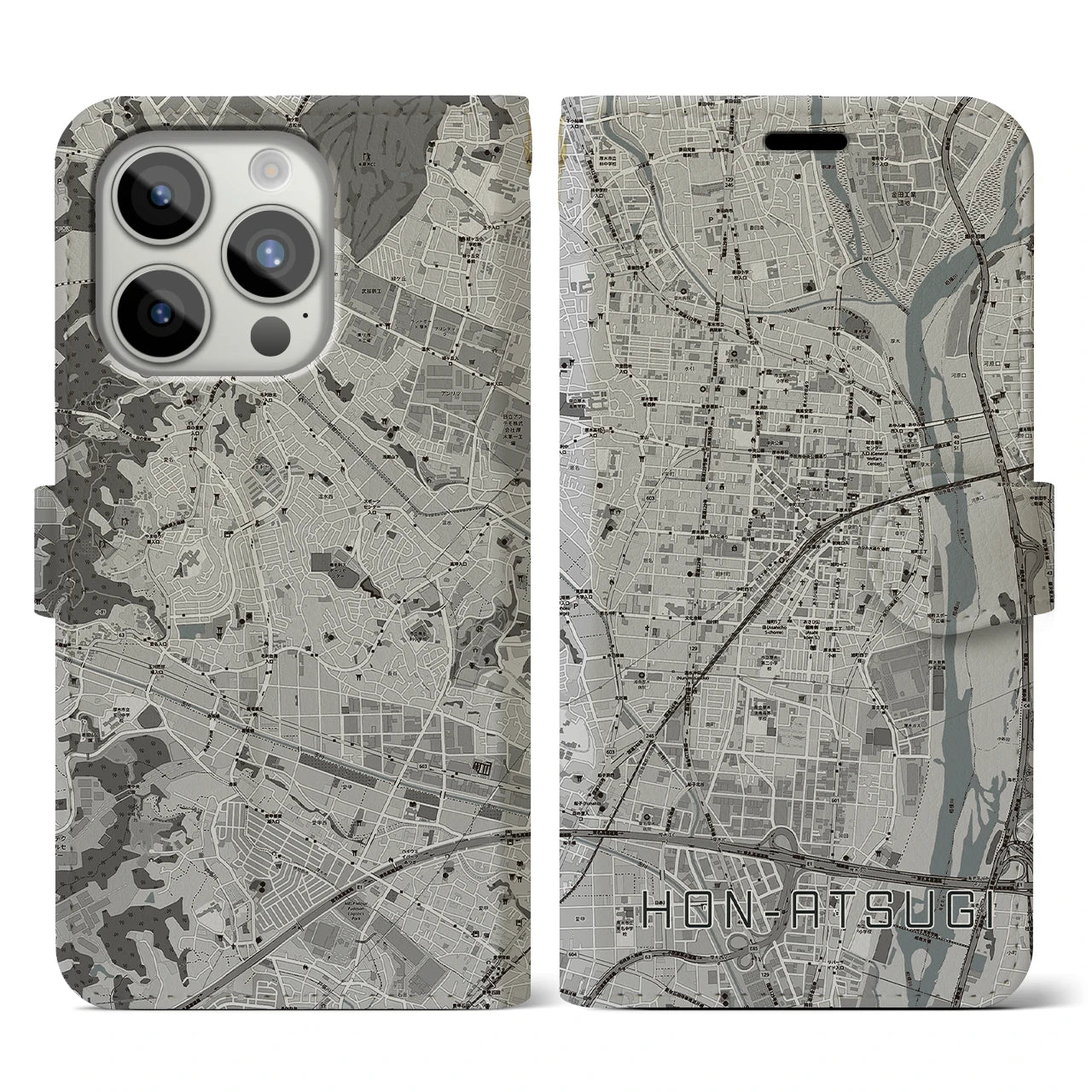 【本厚木(神奈川県)】地図柄iPhoneケース(手帳タイプ)モノトーン・iPhone 15 Pro 用