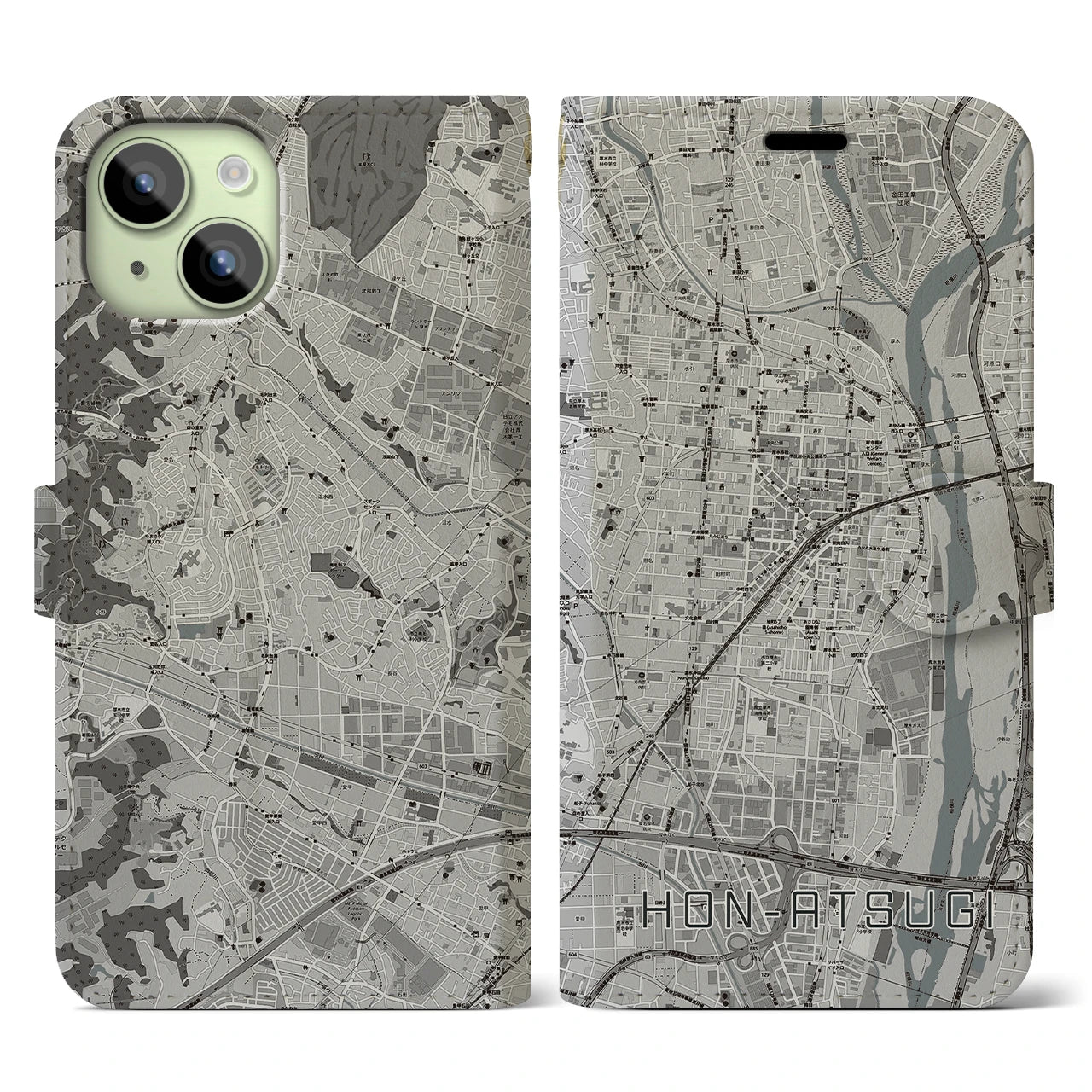 【本厚木(神奈川県)】地図柄iPhoneケース(手帳タイプ)モノトーン・iPhone 15 用