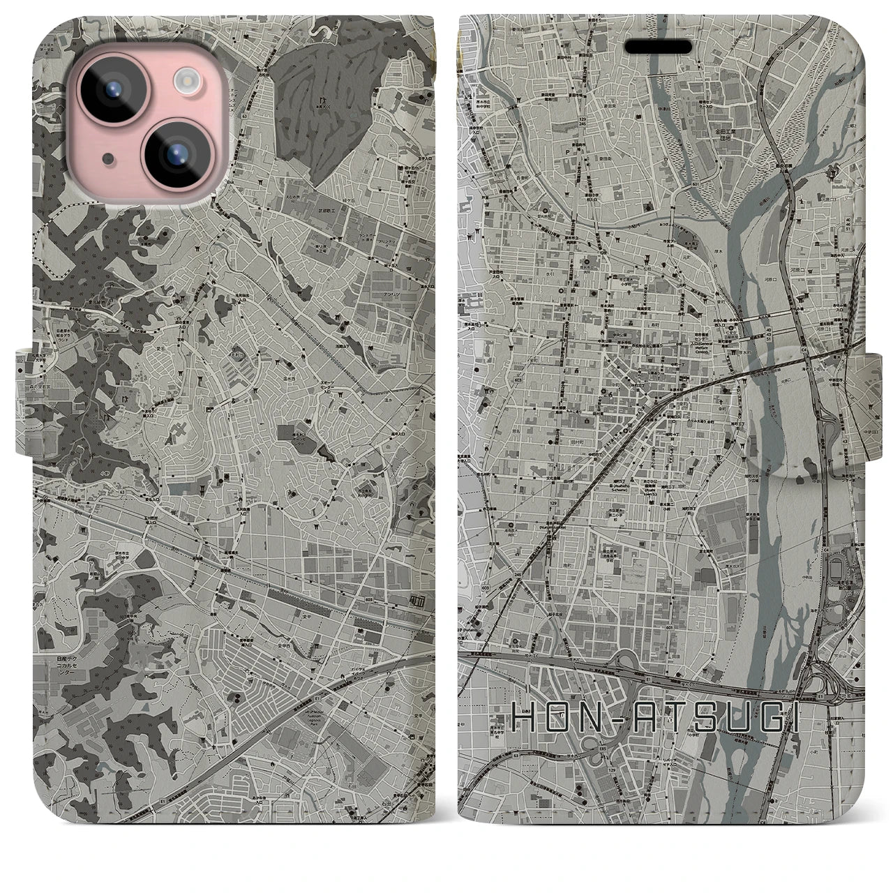 【本厚木(神奈川県)】地図柄iPhoneケース(手帳タイプ)モノトーン・iPhone 15 Plus 用