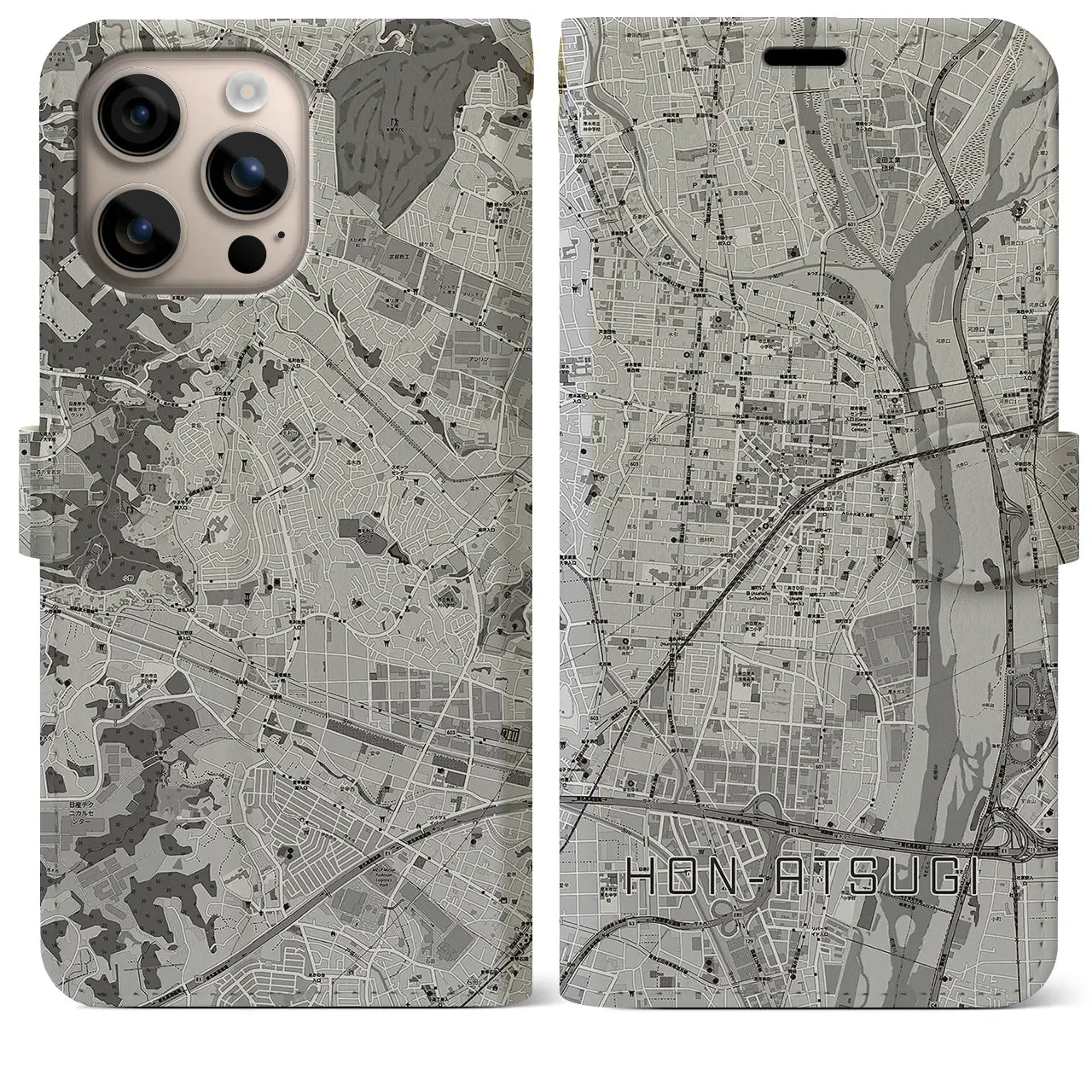 【本厚木(神奈川県)】地図柄iPhoneケース(手帳タイプ)モノトーン・iPhone 16 Plus 用