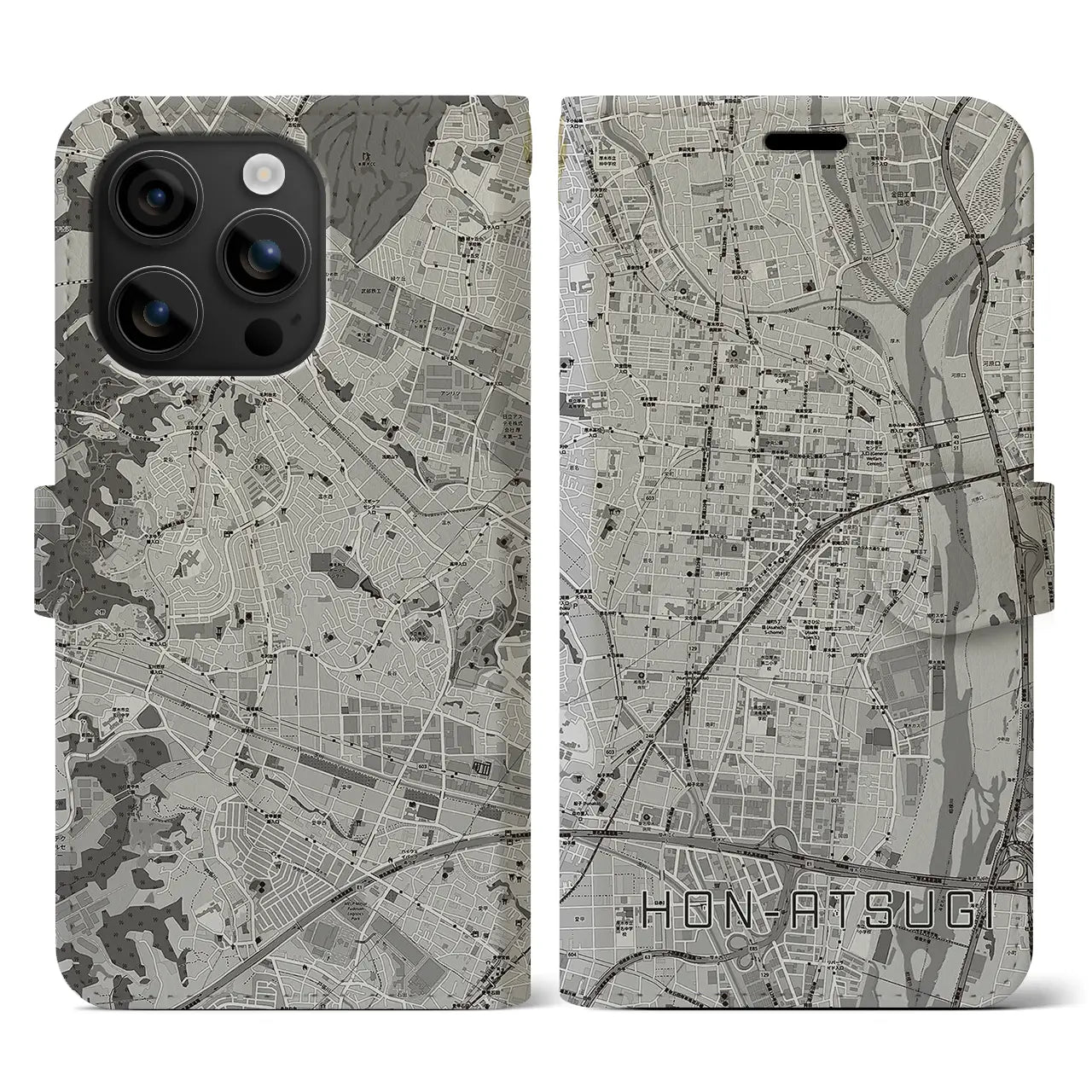 【本厚木(神奈川県)】地図柄iPhoneケース(手帳タイプ)モノトーン・iPhone 16 用