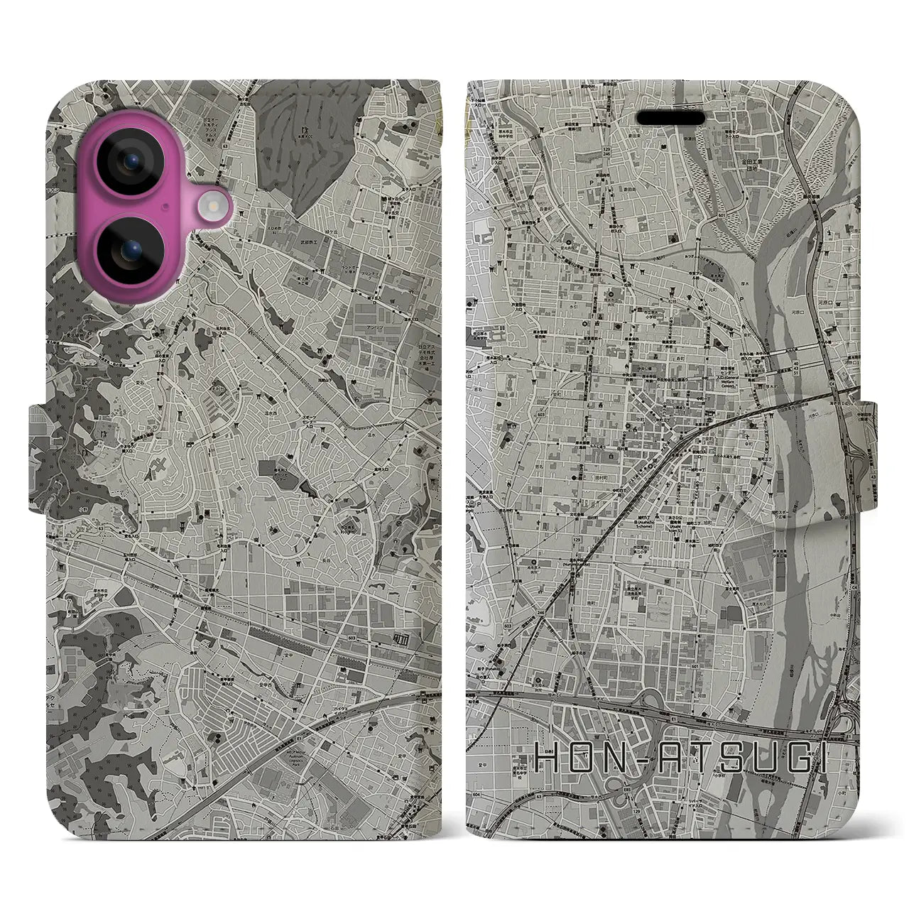 【本厚木(神奈川県)】地図柄iPhoneケース(手帳タイプ)モノトーン・iPhone 16 Pro 用