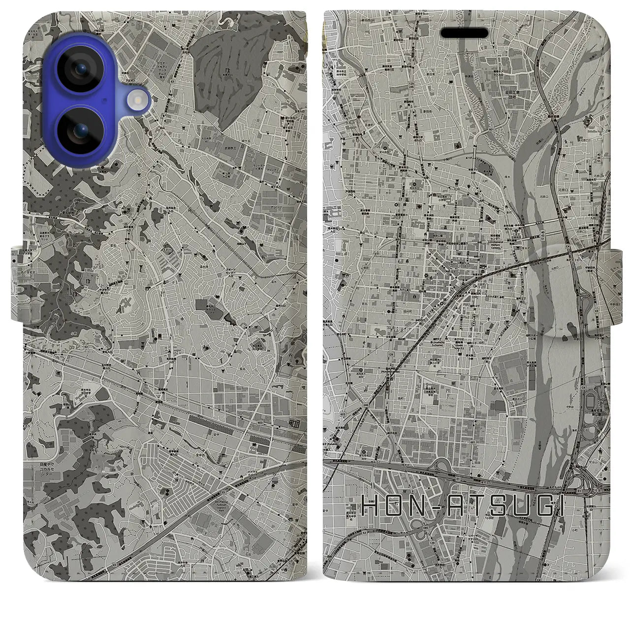 【本厚木(神奈川県)】地図柄iPhoneケース(手帳タイプ)モノトーン・iPhone 16 Pro Max 用