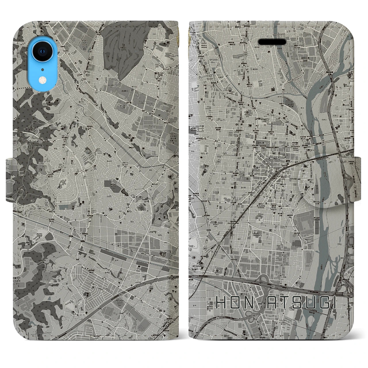 【本厚木(神奈川県)】地図柄iPhoneケース(手帳タイプ)モノトーン・iPhone XR 用
