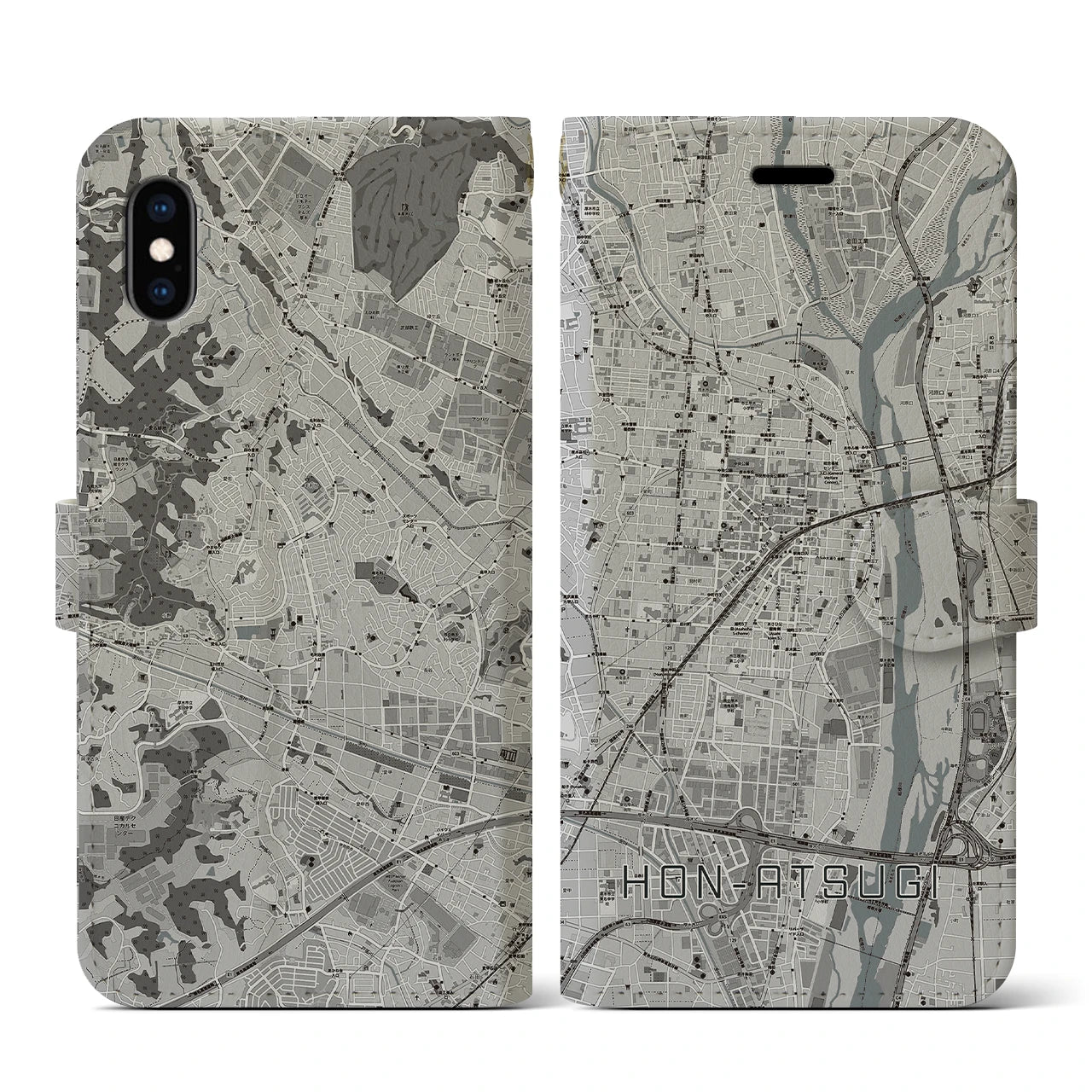 【本厚木(神奈川県)】地図柄iPhoneケース(手帳タイプ)モノトーン・iPhone XS / X 用