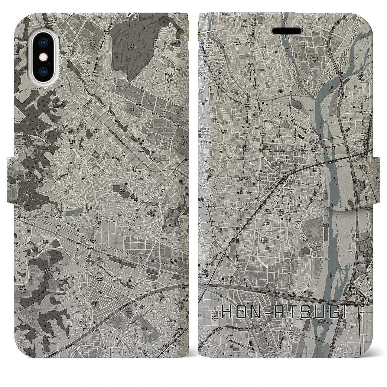 【本厚木(神奈川県)】地図柄iPhoneケース(手帳タイプ)モノトーン・iPhone XS Max 用