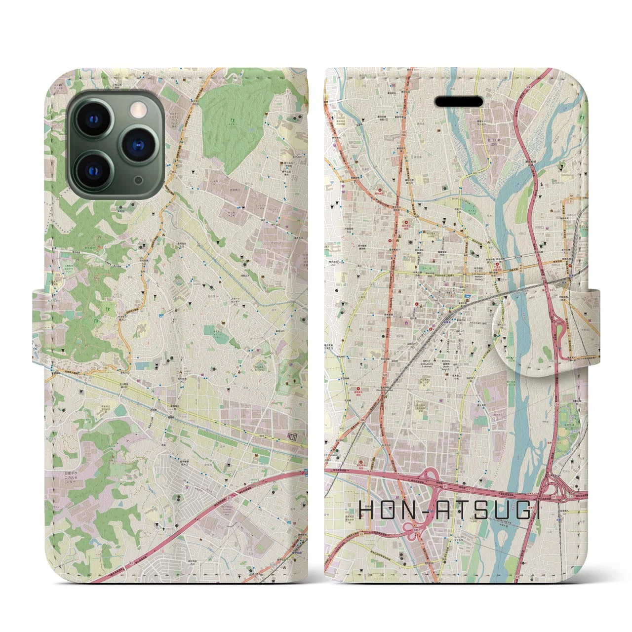 【本厚木(神奈川県)】地図柄iPhoneケース(手帳タイプ)ナチュラル・iPhone 11 Pro 用