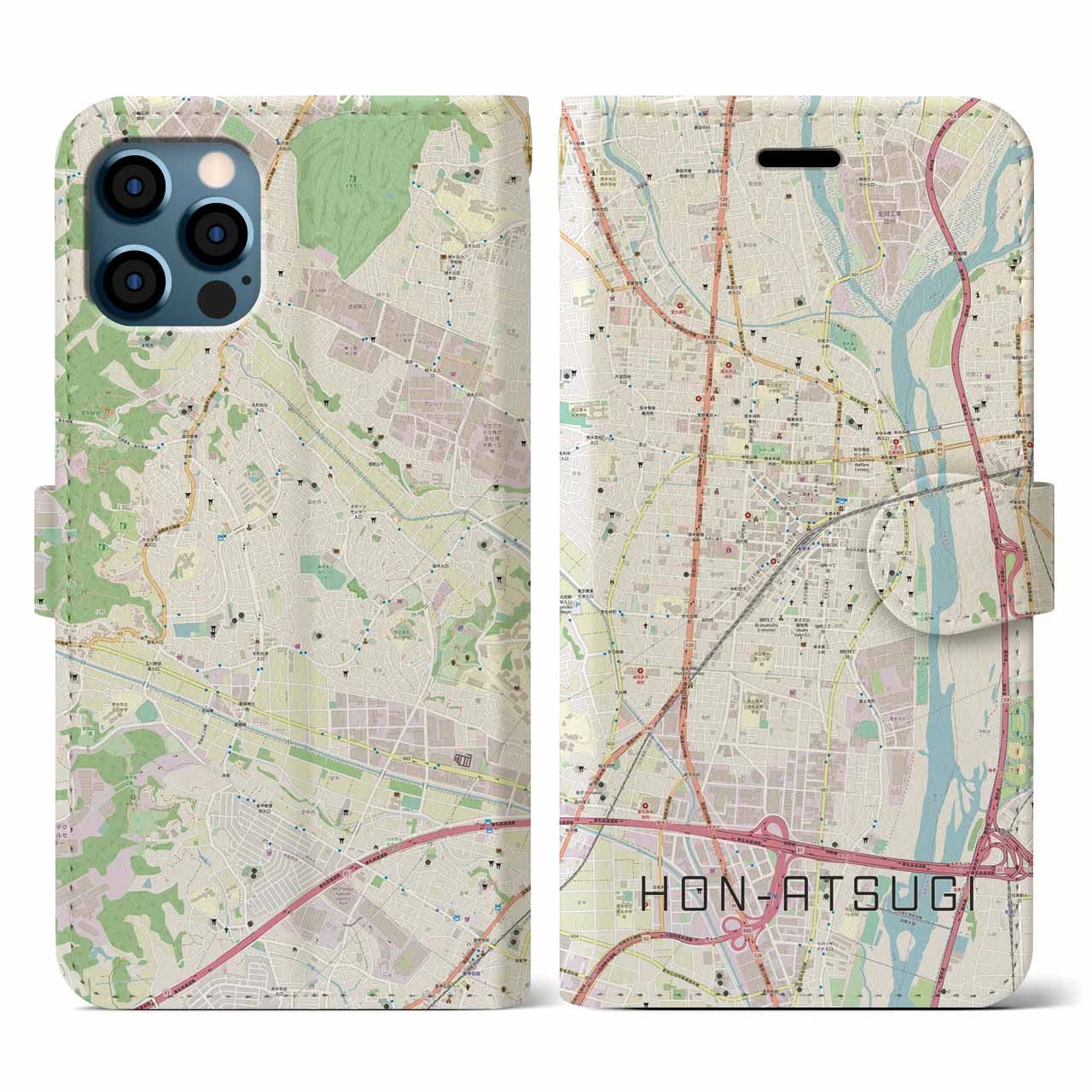 【本厚木(神奈川県)】地図柄iPhoneケース(手帳タイプ)ナチュラル・iPhone 12 / 12 Pro 用