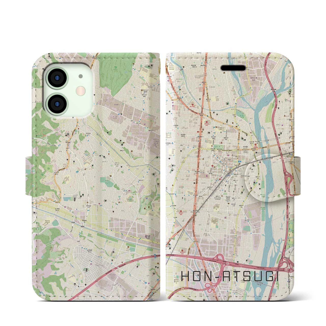 【本厚木(神奈川県)】地図柄iPhoneケース(手帳タイプ)ナチュラル・iPhone 12 mini 用