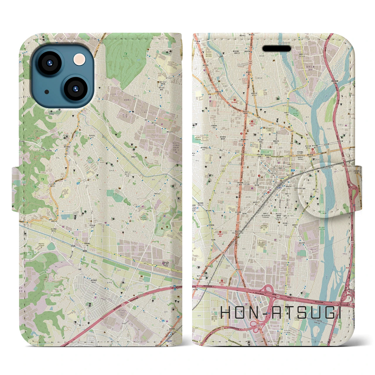 【本厚木(神奈川県)】地図柄iPhoneケース(手帳タイプ)ナチュラル・iPhone 13 用