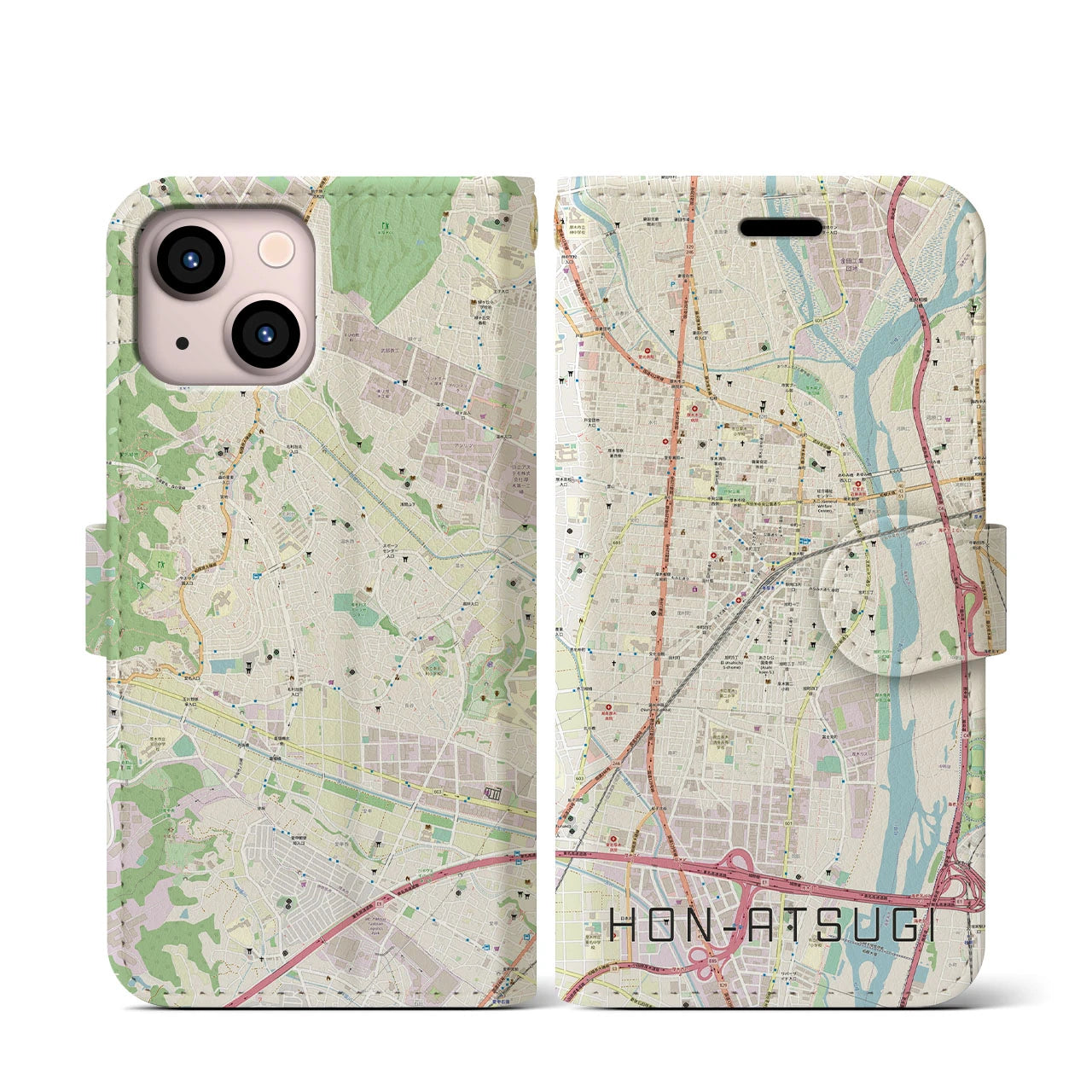 【本厚木(神奈川県)】地図柄iPhoneケース(手帳タイプ)ナチュラル・iPhone 13 mini 用