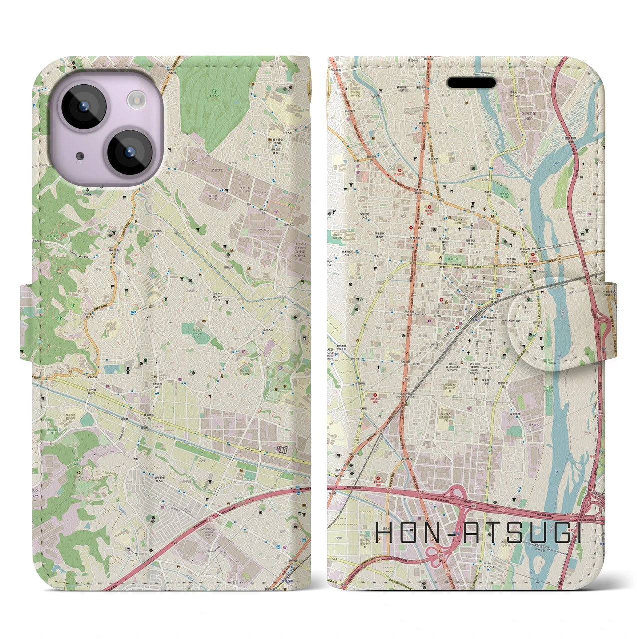 【本厚木(神奈川県)】地図柄iPhoneケース(手帳タイプ)ナチュラル・iPhone 14 用