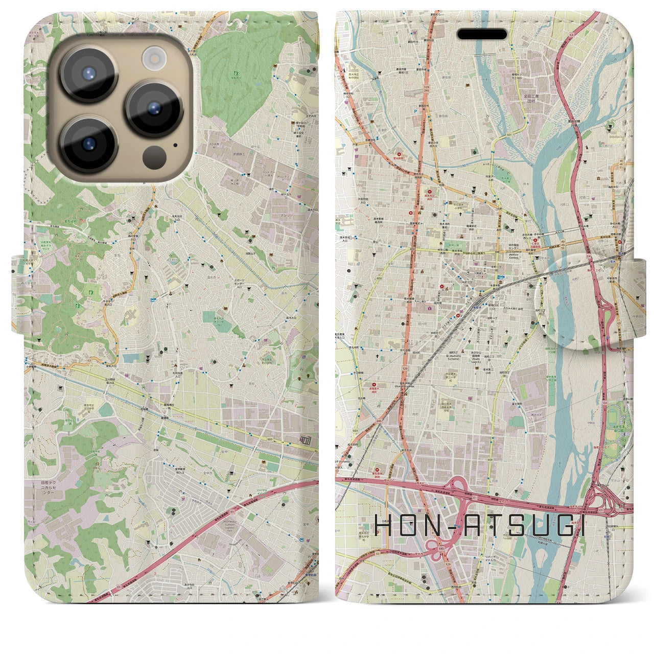 【本厚木(神奈川県)】地図柄iPhoneケース(手帳タイプ)ナチュラル・iPhone 14 Pro Max 用