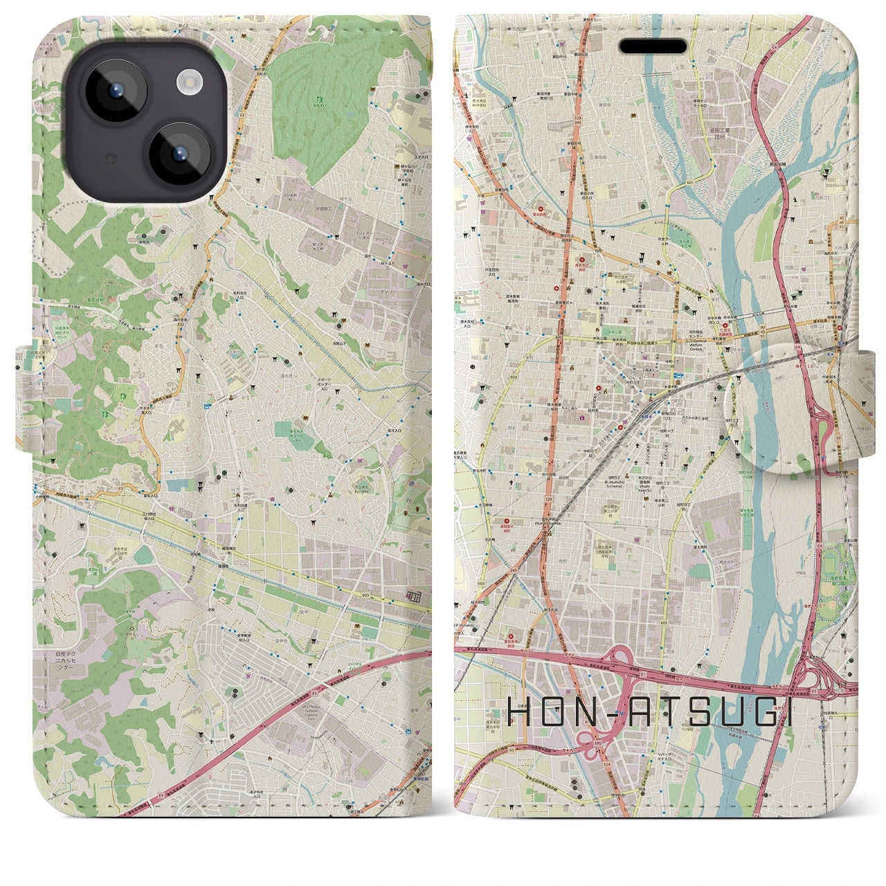 【本厚木(神奈川県)】地図柄iPhoneケース(手帳タイプ)ナチュラル・iPhone 14 Plus 用