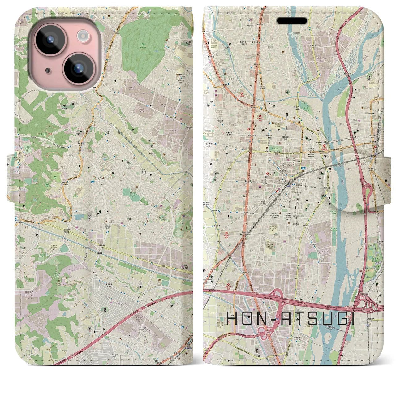 【本厚木(神奈川県)】地図柄iPhoneケース(手帳タイプ)ナチュラル・iPhone 15 Plus 用