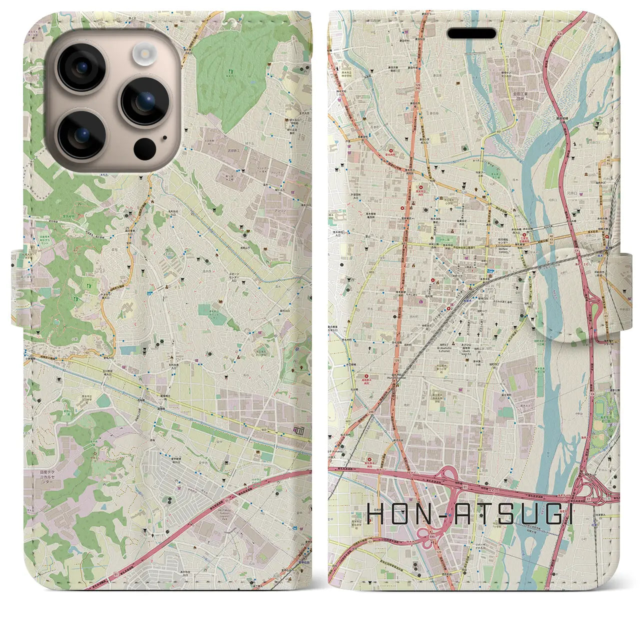 【本厚木(神奈川県)】地図柄iPhoneケース(手帳タイプ)ナチュラル・iPhone 16 Plus 用