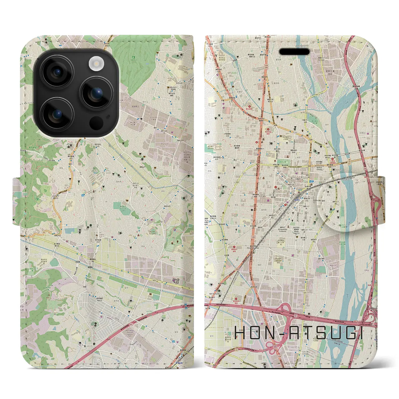 【本厚木(神奈川県)】地図柄iPhoneケース(手帳タイプ)ナチュラル・iPhone 16 用