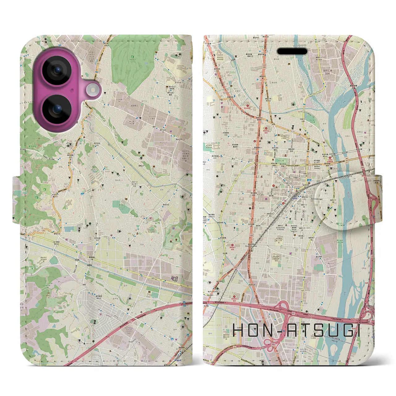 【本厚木(神奈川県)】地図柄iPhoneケース(手帳タイプ)ナチュラル・iPhone 16 Pro 用