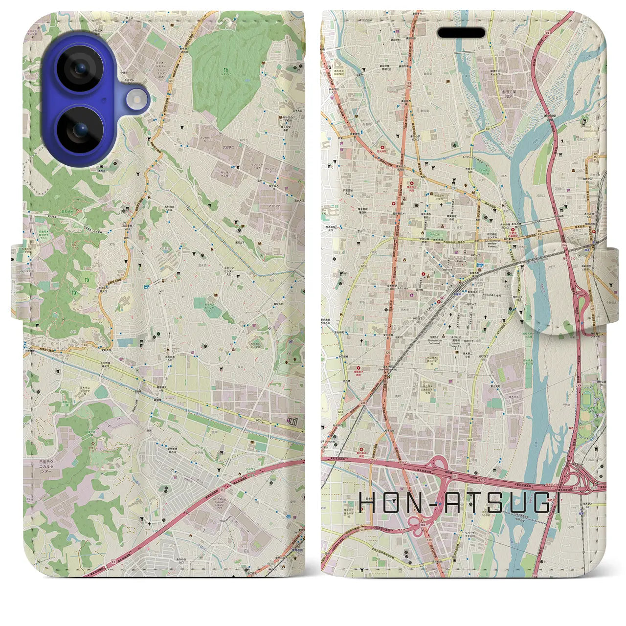 【本厚木(神奈川県)】地図柄iPhoneケース(手帳タイプ)ナチュラル・iPhone 16 Pro Max 用