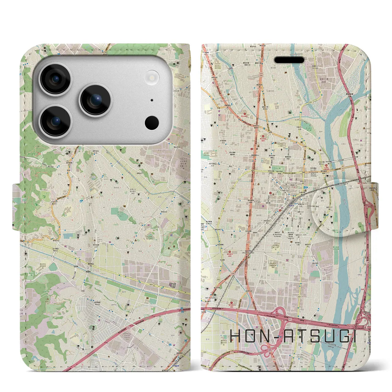 【本厚木(神奈川県)】地図柄iPhoneケース(手帳タイプ)ナチュラル・iPhone 17 Pro Max 用