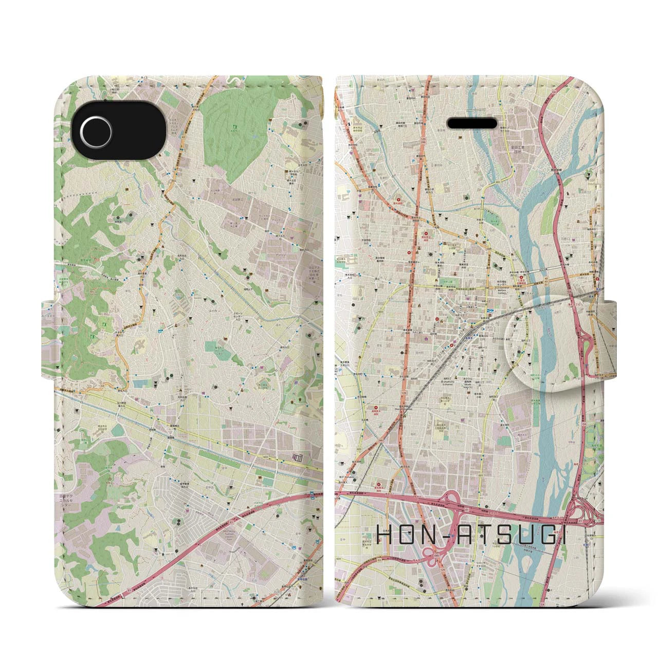【本厚木(神奈川県)】地図柄iPhoneケース(手帳タイプ)ナチュラル・iPhone SE(第3 / 第2世代) / 8 / 7 / 6s / 6 用