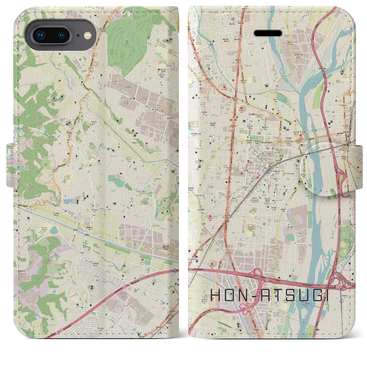 【本厚木(神奈川県)】地図柄iPhoneケース(手帳タイプ)ナチュラル・iPhone 8Plus /7Plus / 6sPlus / 6Plus 用
