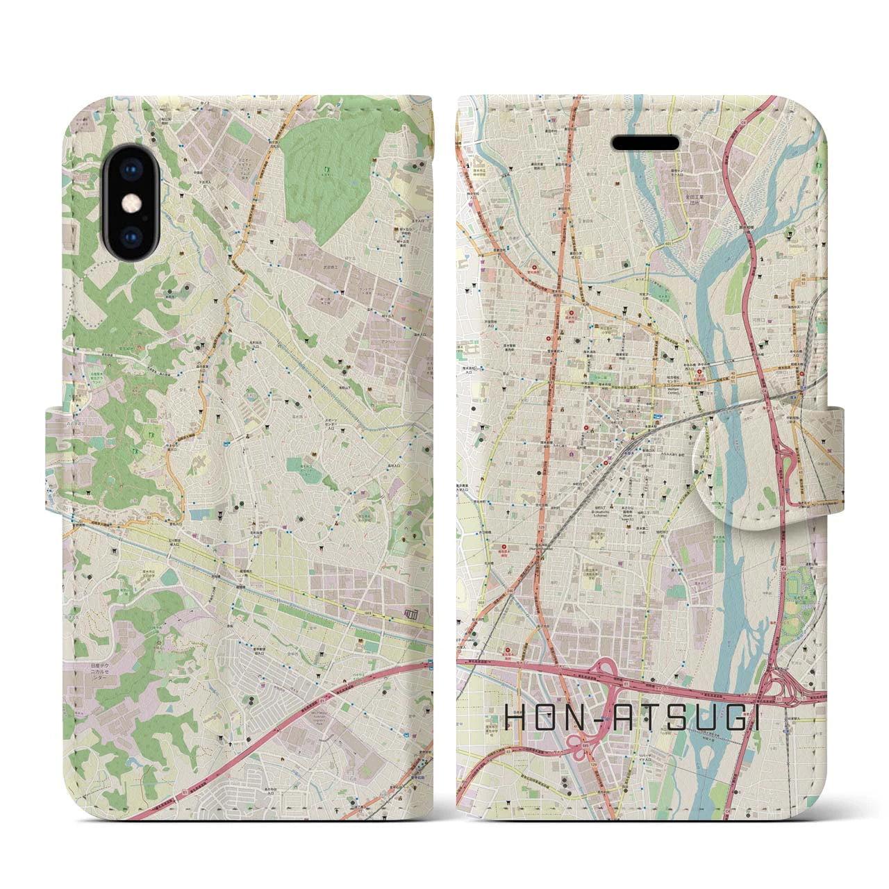 【本厚木(神奈川県)】地図柄iPhoneケース(手帳タイプ)ナチュラル・iPhone XS / X 用