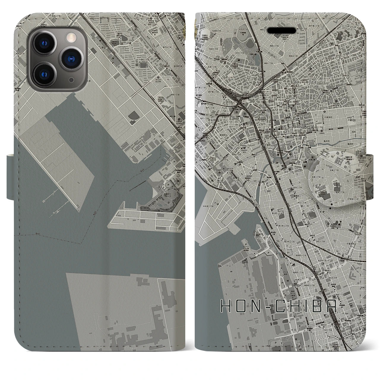 【本千葉(千葉県)】地図柄iPhoneケース(手帳タイプ)モノトーン・iPhone 11 Pro Max 用