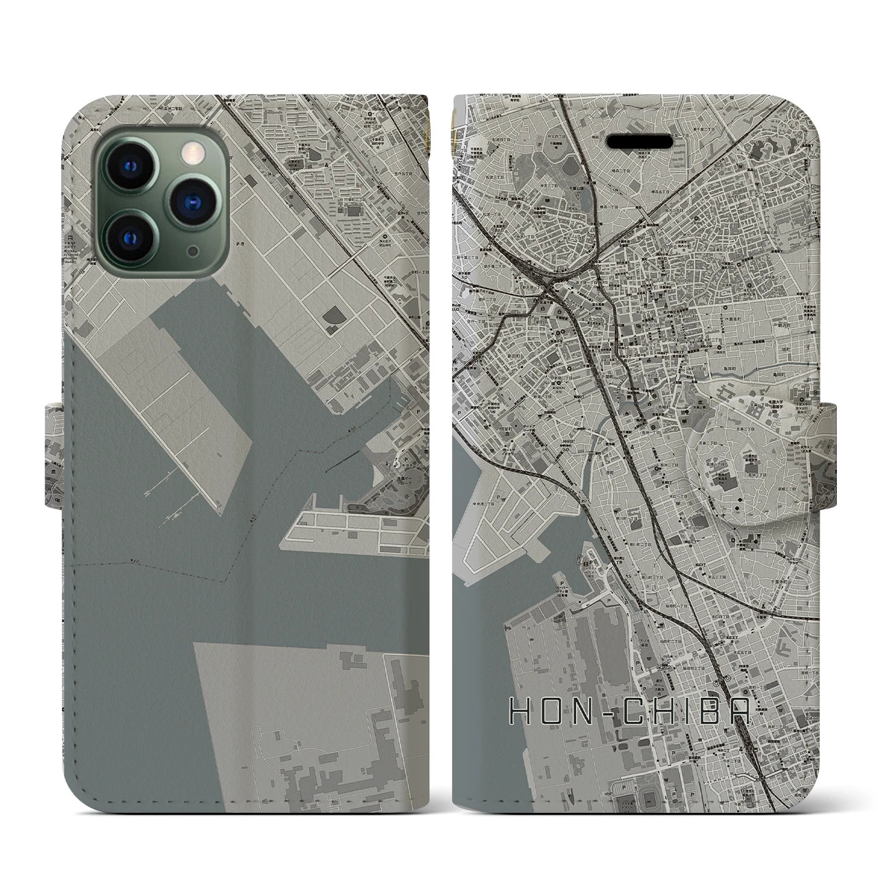 【本千葉(千葉県)】地図柄iPhoneケース(手帳タイプ)モノトーン・iPhone 11 Pro 用