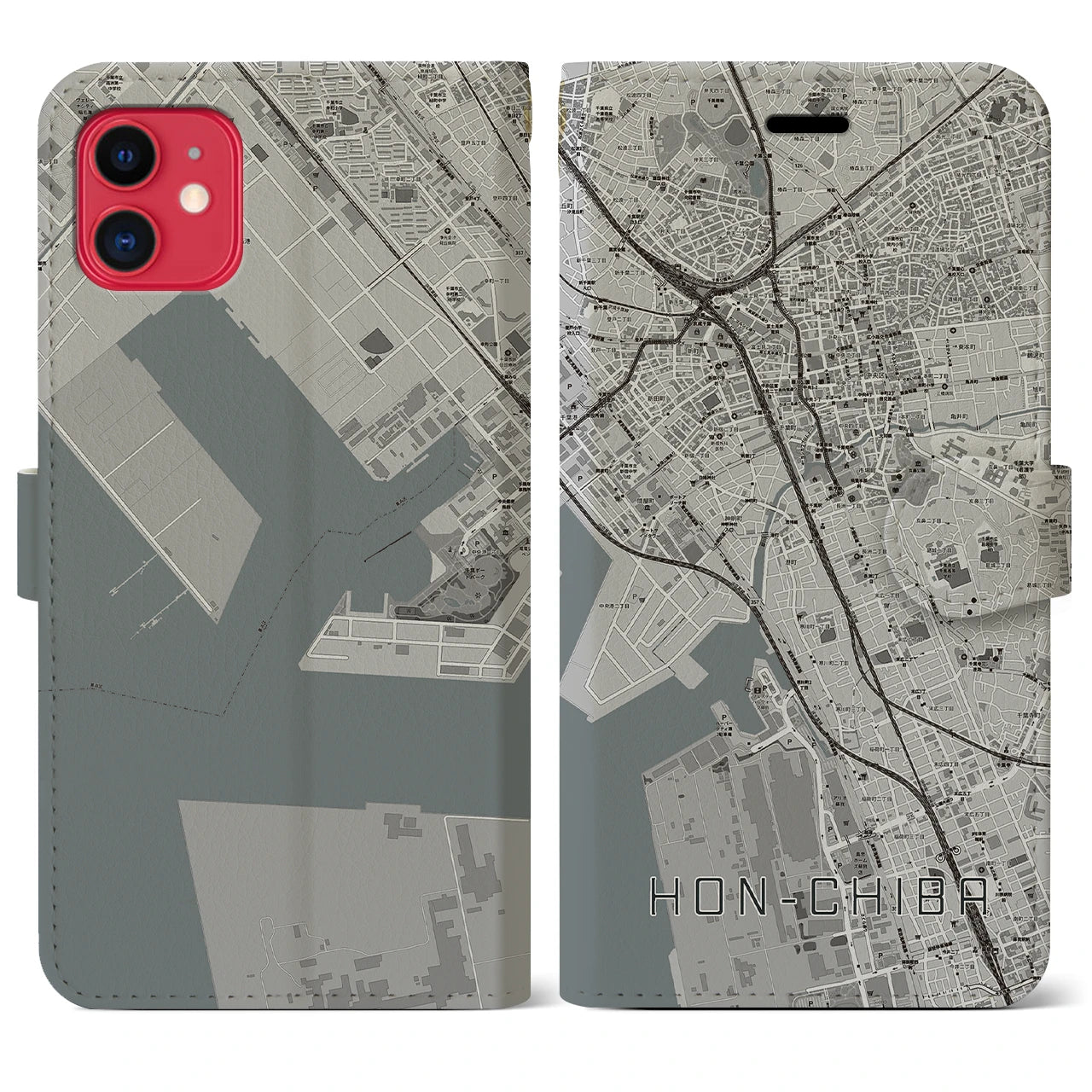 【本千葉(千葉県)】地図柄iPhoneケース(手帳タイプ)モノトーン・iPhone 11 用