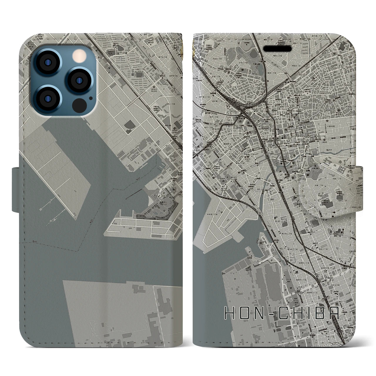 【本千葉(千葉県)】地図柄iPhoneケース(手帳タイプ)モノトーン・iPhone 12 / 12 Pro 用