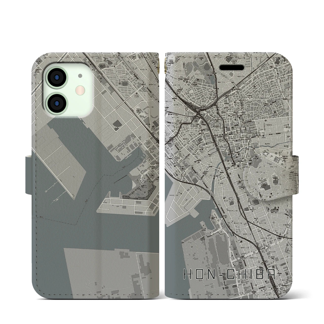 【本千葉(千葉県)】地図柄iPhoneケース(手帳タイプ)モノトーン・iPhone 12 mini 用