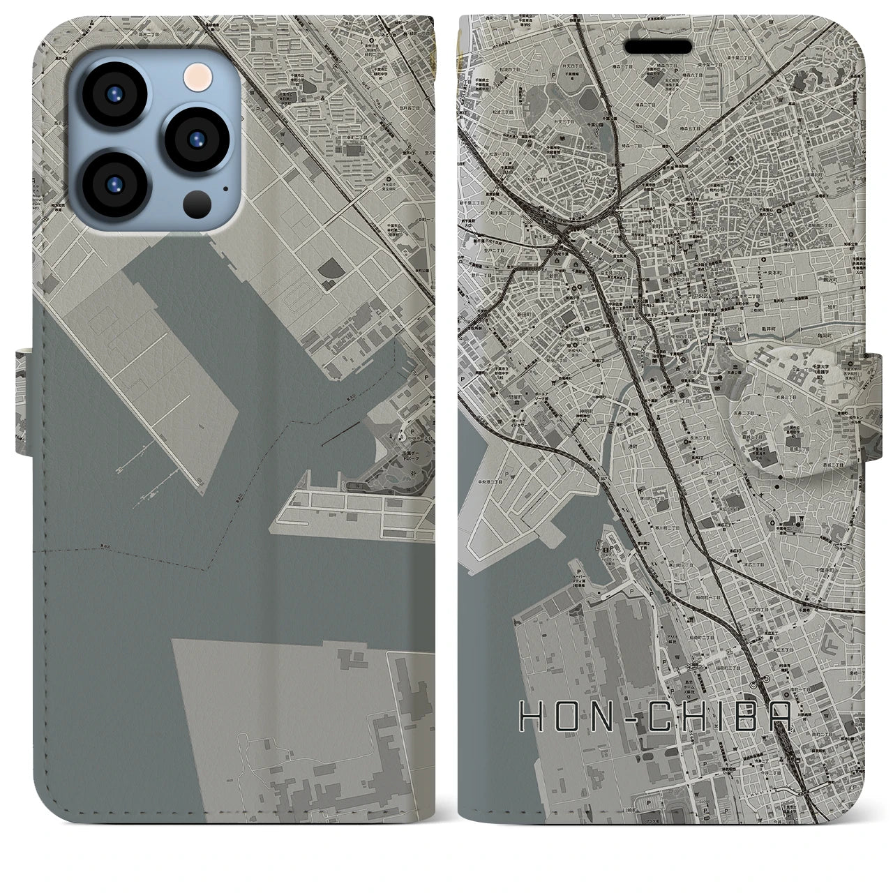 【本千葉(千葉県)】地図柄iPhoneケース(手帳タイプ)モノトーン・iPhone 13 Pro Max 用