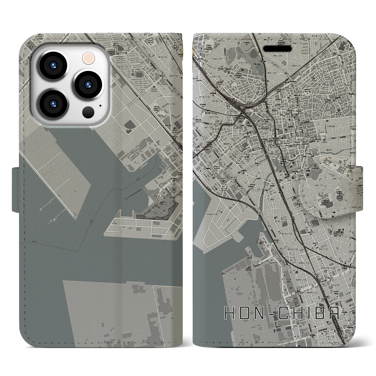 【本千葉(千葉県)】地図柄iPhoneケース(手帳タイプ)モノトーン・iPhone 13 Pro 用