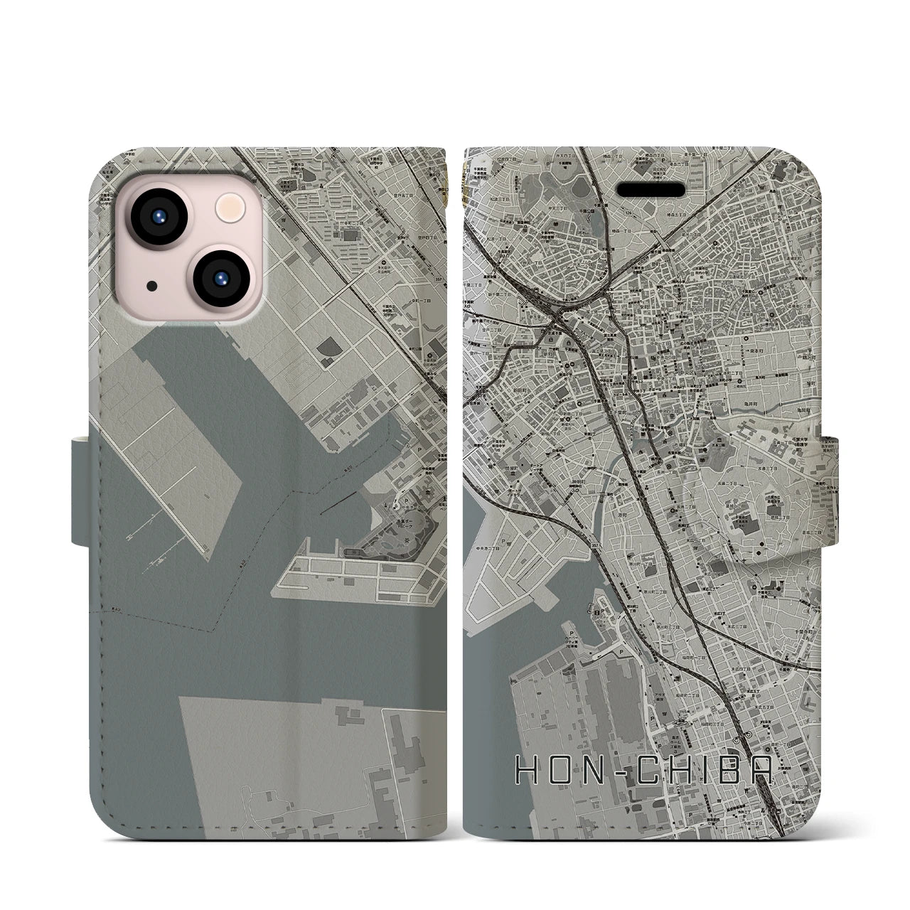 【本千葉(千葉県)】地図柄iPhoneケース(手帳タイプ)モノトーン・iPhone 13 mini 用