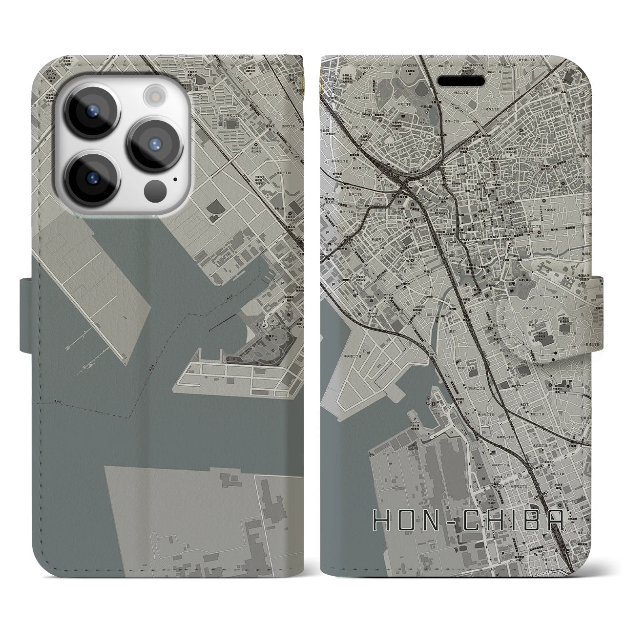 【本千葉(千葉県)】地図柄iPhoneケース(手帳タイプ)モノトーン・iPhone 14 Pro 用