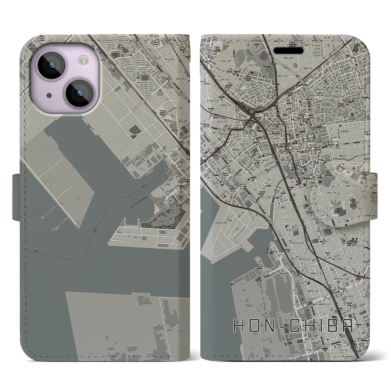 【本千葉(千葉県)】地図柄iPhoneケース(手帳タイプ)モノトーン・iPhone 14 用