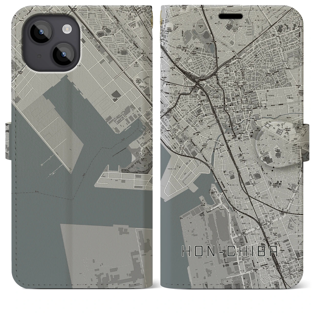 【本千葉(千葉県)】地図柄iPhoneケース(手帳タイプ)モノトーン・iPhone 14 Plus 用