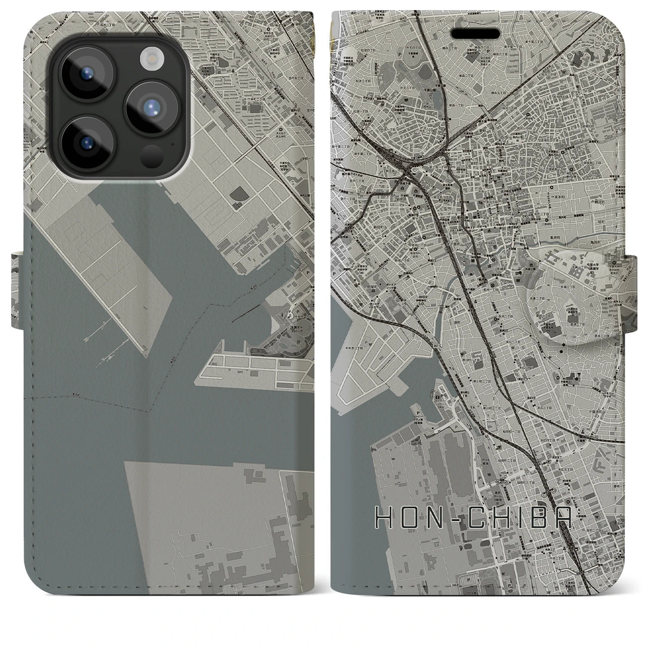 【本千葉(千葉県)】地図柄iPhoneケース(手帳タイプ)モノトーン・iPhone 15 Pro Max 用