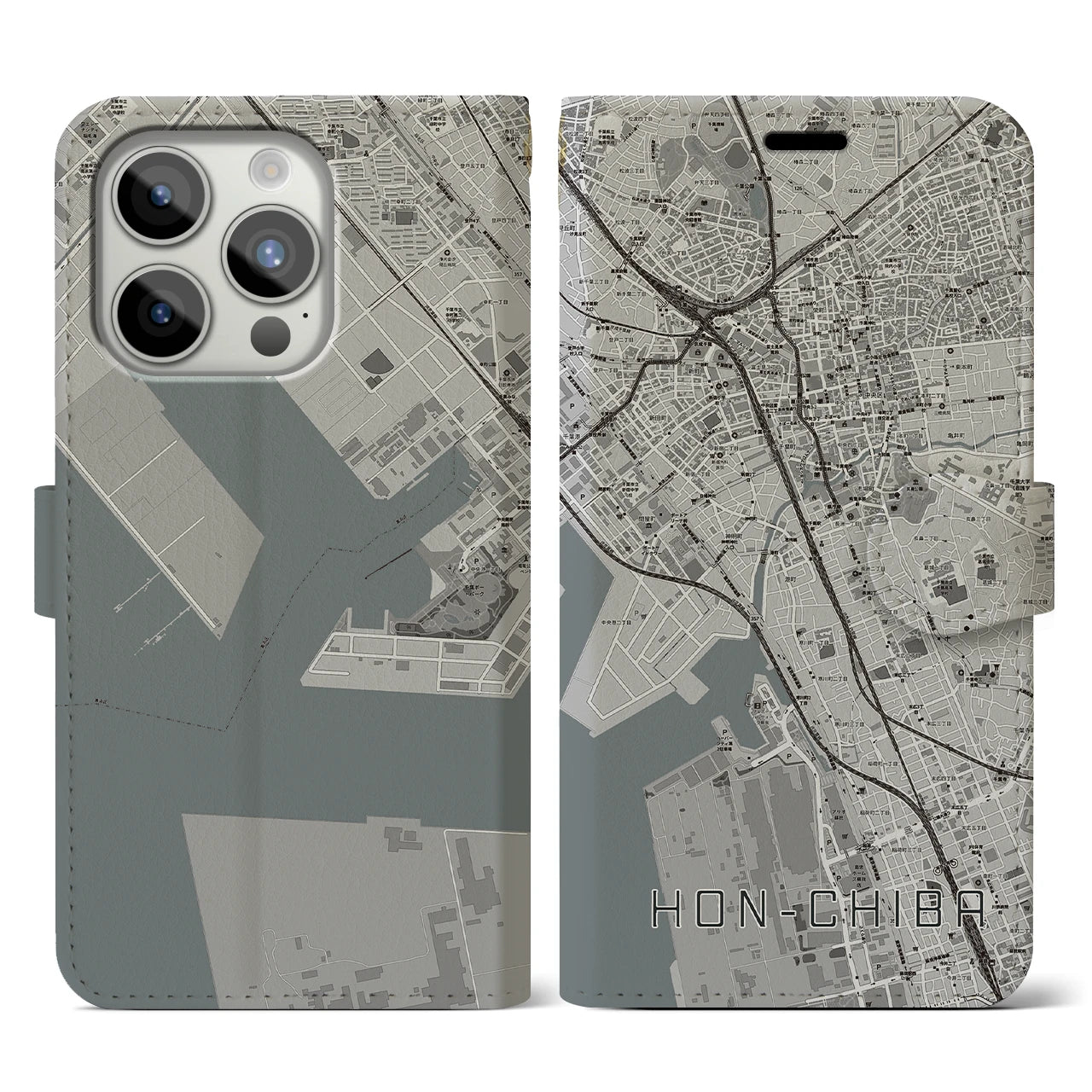 【本千葉(千葉県)】地図柄iPhoneケース(手帳タイプ)モノトーン・iPhone 15 Pro 用